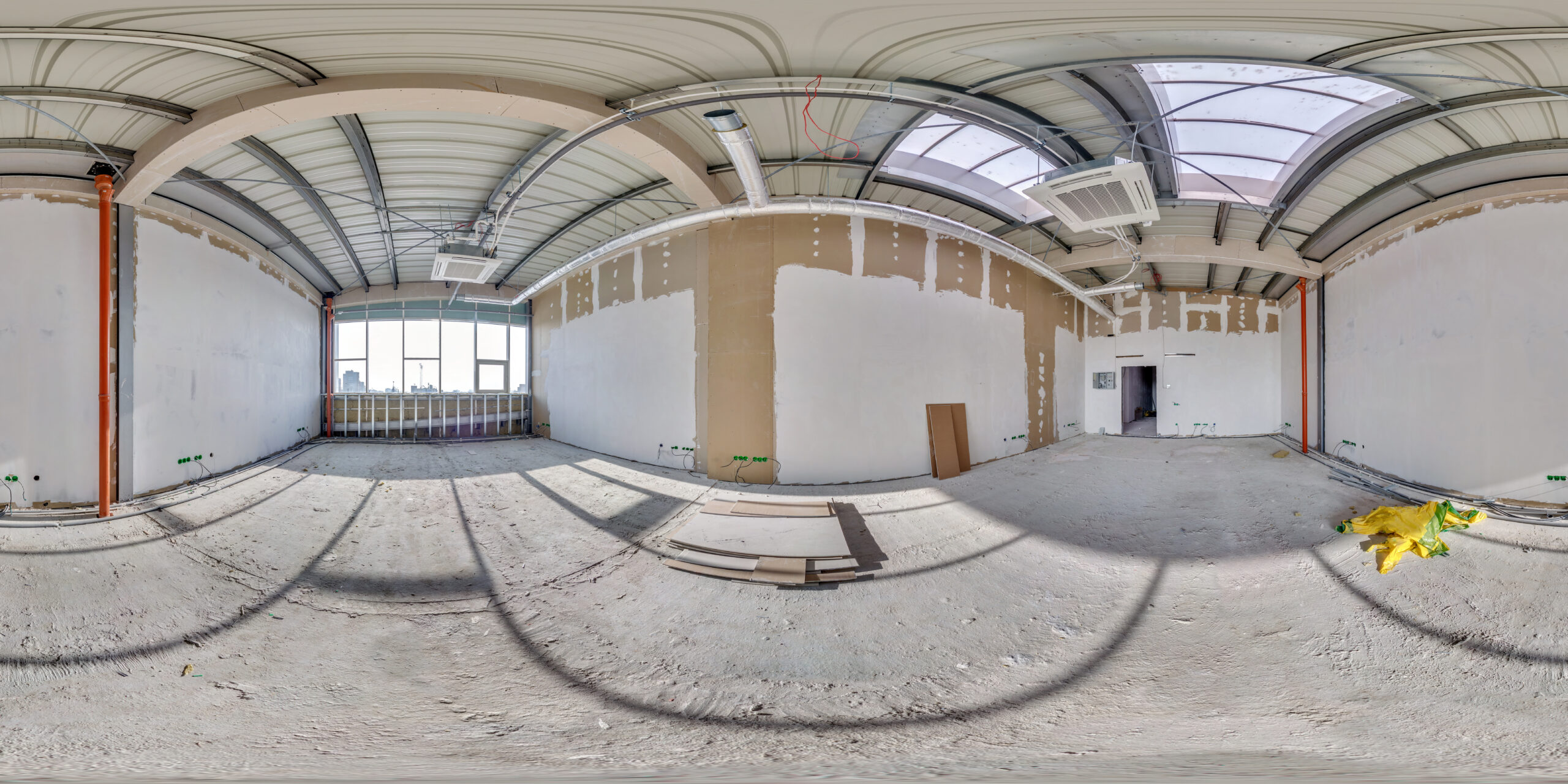 full seamless spherical hdri panorama 360 angle view in interior of empty modern white loft room for office with panoramic windows without repair in equirectangular spherical projection. VR AR content