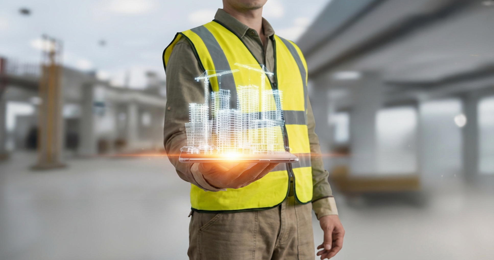 Construction worker with a BIM model.